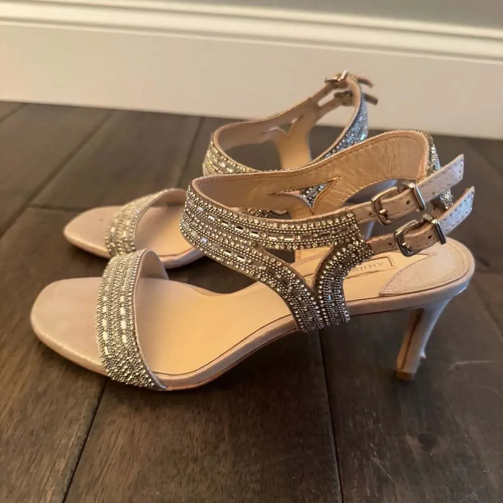 Antonio Melani Embellished Rhinestone Ankle Strap Kitten Heel Sandals 8
